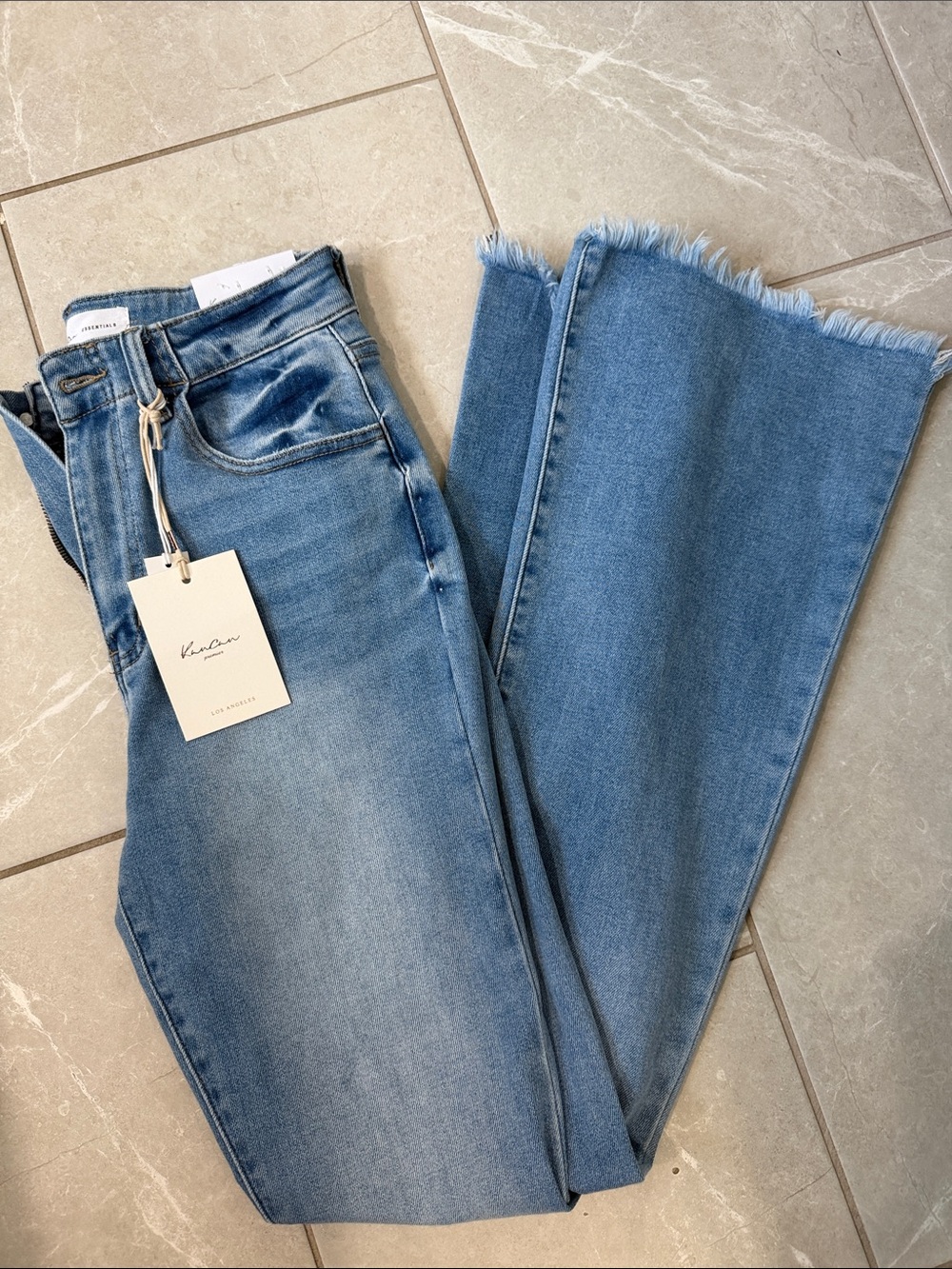 KanCan Medium Wash Wide Leg Jeans with Raw Fringe Hem